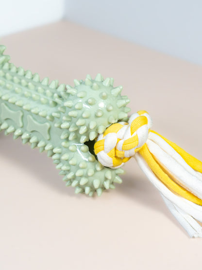 Spiky Silicone Bone Dog Toy with Rope Ends